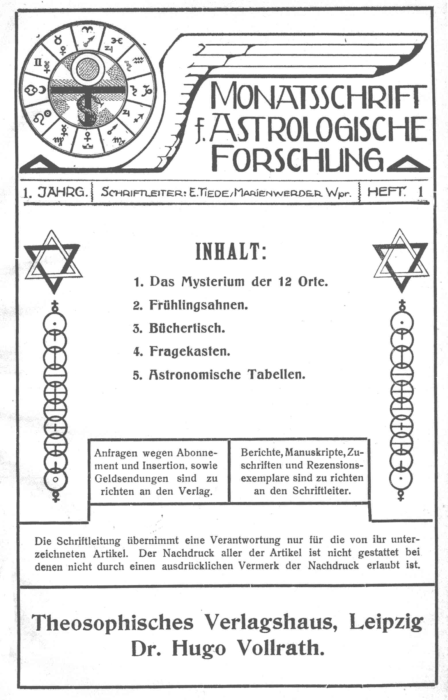 Обложка "Monatsschrift für astrologische Forschung"